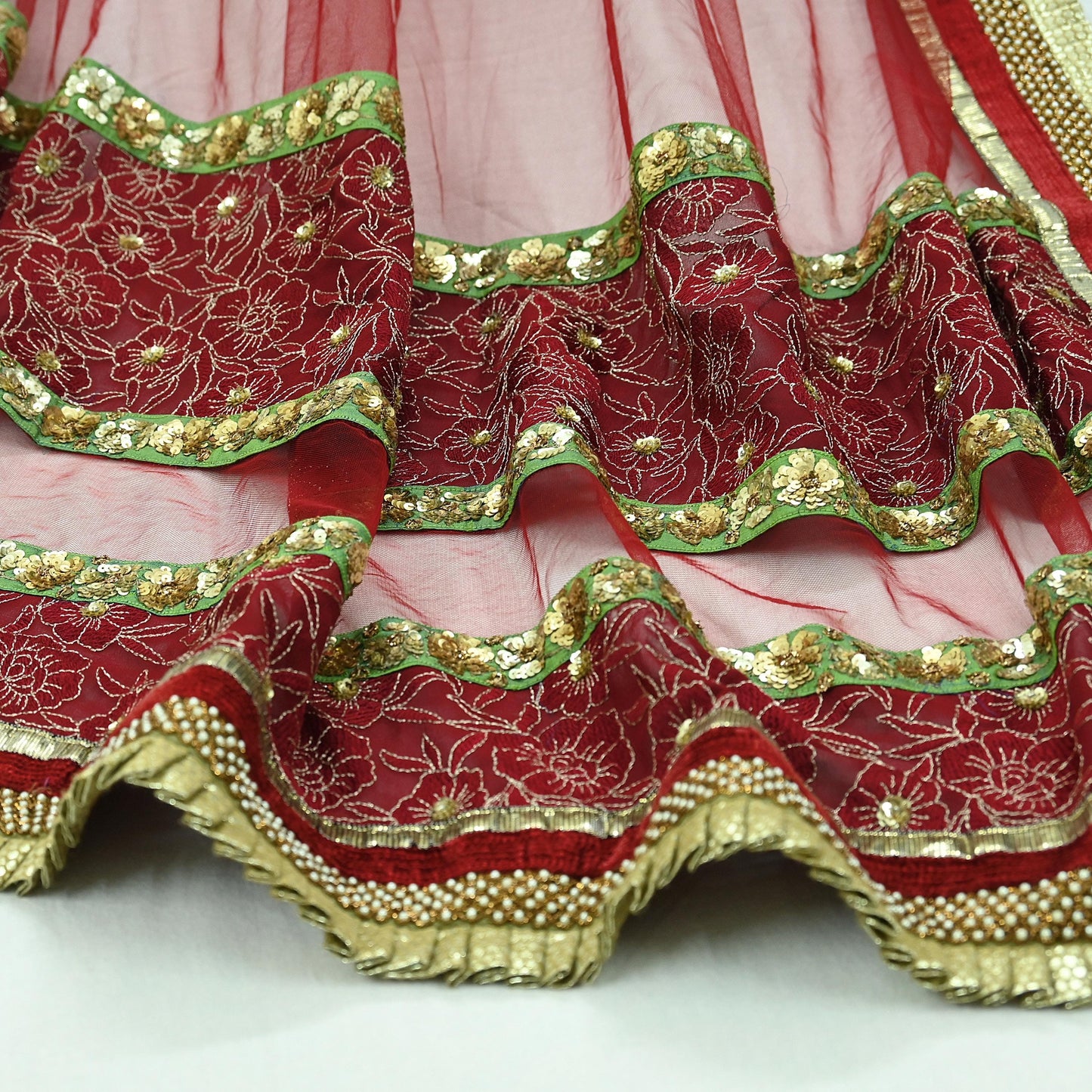 Indian Vintage Heavy Bridal Dupatta Maroon Net Mesh Long Stole Hand Embroidered Scarves Zardozi/ Dabka Wedding/Party Wear