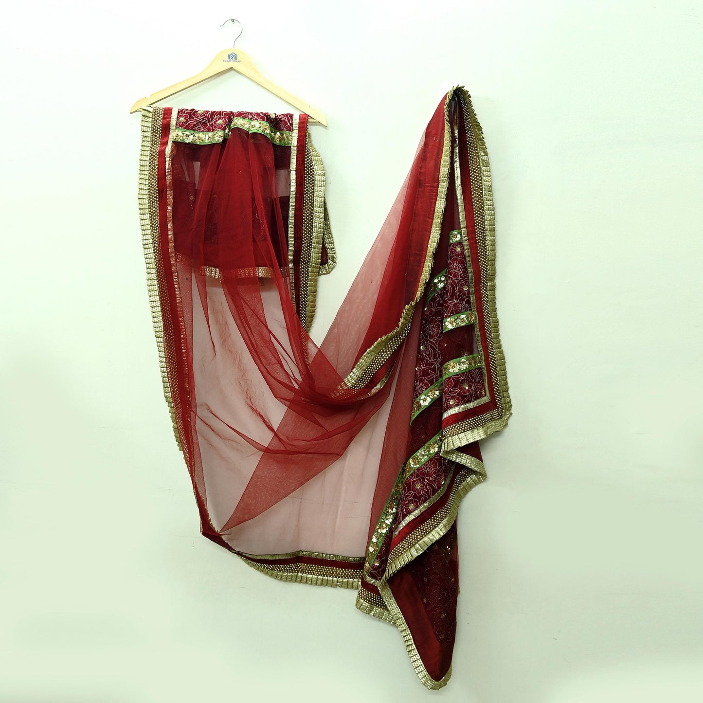 Indian Vintage Heavy Bridal Dupatta Maroon Net Mesh Long Stole Hand Embroidered Scarves Zardozi/ Dabka Wedding/Party Wear