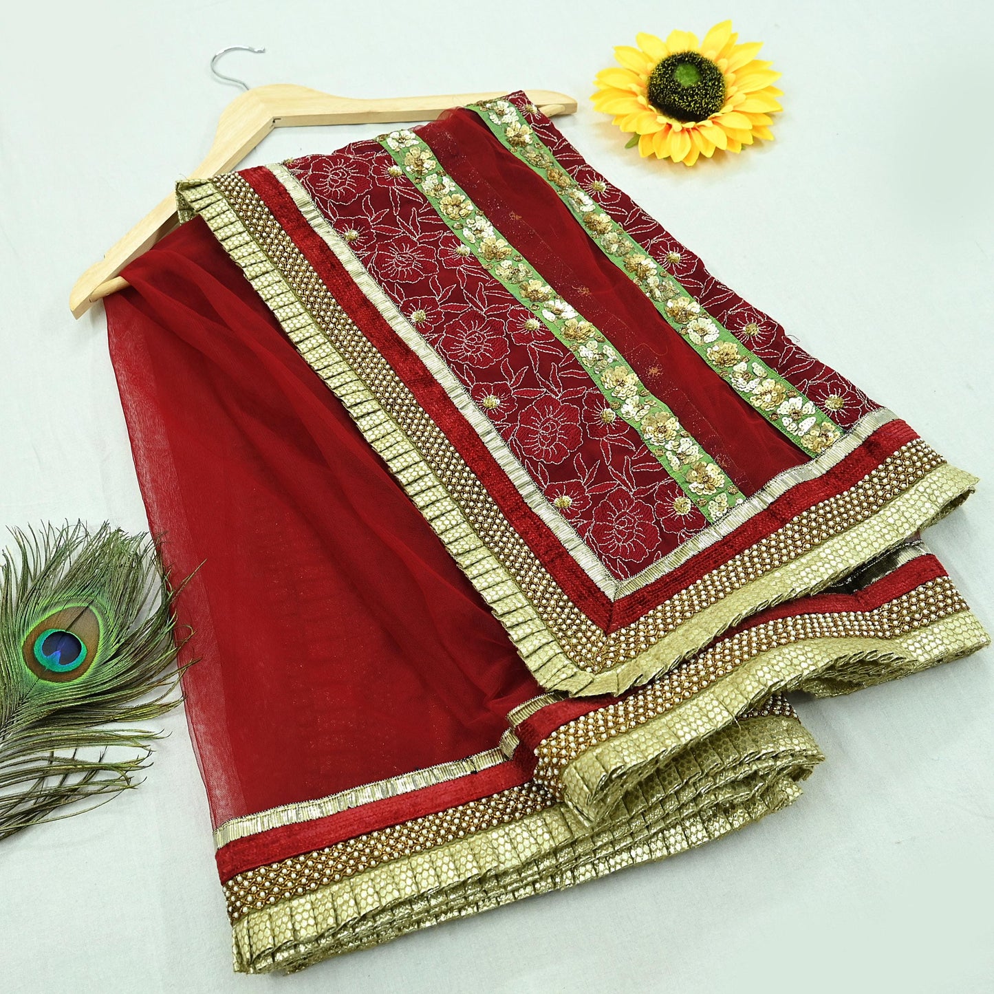 Indian Vintage Heavy Bridal Dupatta Maroon Net Mesh Long Stole Hand Embroidered Scarves Zardozi/ Dabka Wedding/Party Wear