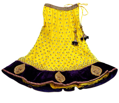 Indian Vintage Yellow Net/Mesh Hand Embroidered Lehenga/Dupatta 2pcs Set Bridal Party Wear Bollywood Lehenga Zardozi/ Dabka