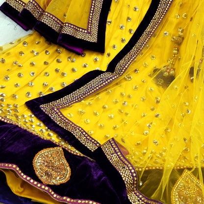 Indian Vintage Yellow Net/Mesh Hand Embroidered Lehenga/Dupatta 2pcs Set Bridal Party Wear Bollywood Lehenga Zardozi/ Dabka
