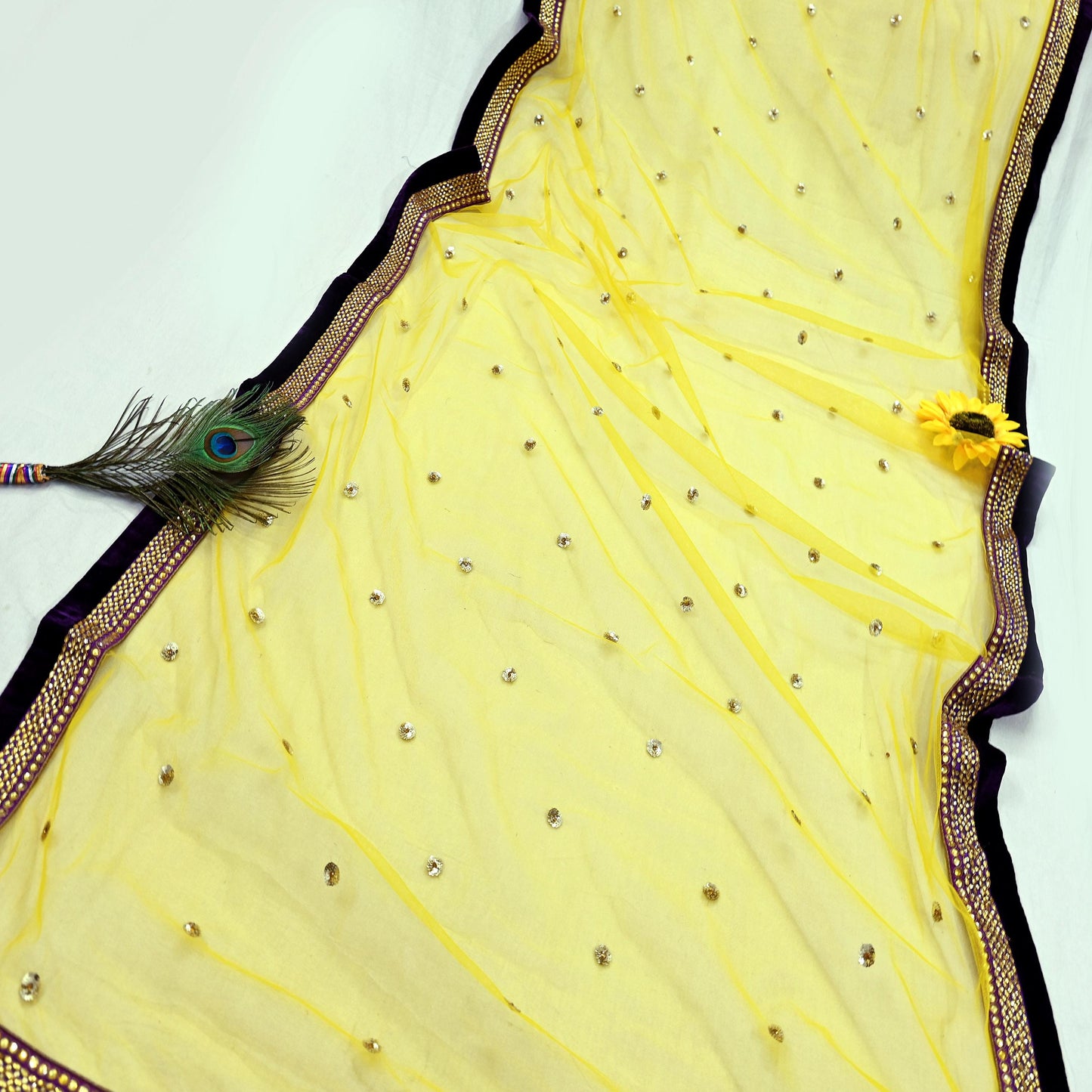 Indian Vintage Heavy Bridal Dupatta Yellow Net Mesh Long Stole Hand Embroidered Scarves Wedding/Party Wear