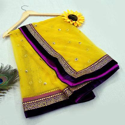 Indian Vintage Heavy Bridal Dupatta Yellow Net Mesh Long Stole Hand Embroidered Scarves Wedding/Party Wear