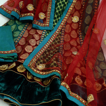 Indian Vintage Pure Georgette Silk Net/Mesh Hand Embroidered Lehenga 3pcs Set Bridal Party Wear With Blouse/Dupatta Bollywood Lehenga