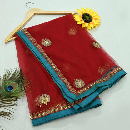 Indian Vintage Heavy Bridal Dupatta Maroon Net Mesh Long Stole Hand Embroidered Scarves  Patti Wedding/Party Wear