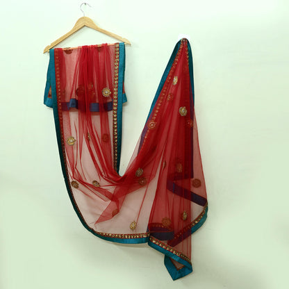 Indian Vintage Heavy Bridal Dupatta Maroon Net Mesh Long Stole Hand Embroidered Scarves  Patti Wedding/Party Wear