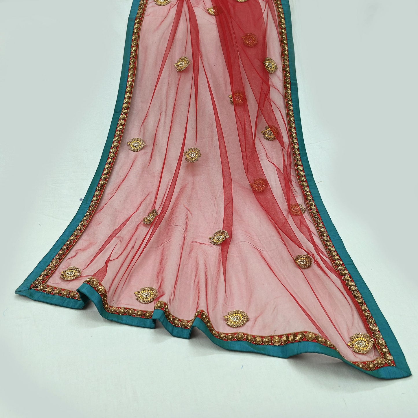 Indian Vintage Heavy Bridal Dupatta Maroon Net Mesh Long Stole Hand Embroidered Scarves  Patti Wedding/Party Wear