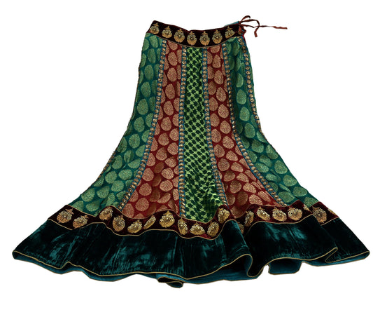 Indian Vintage Green & Maroon Pure Georgette Silk Hand Embroidered Skirt Bridal Party Wear Bollywood Lehenga Zardozi/ Dabka, Zari