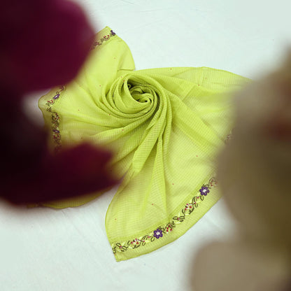 Indian Vintage Dupatta Lemon Green Pure silk Long Stole Hand Embroidered Scarves Floral Design Stole Veil Wrap