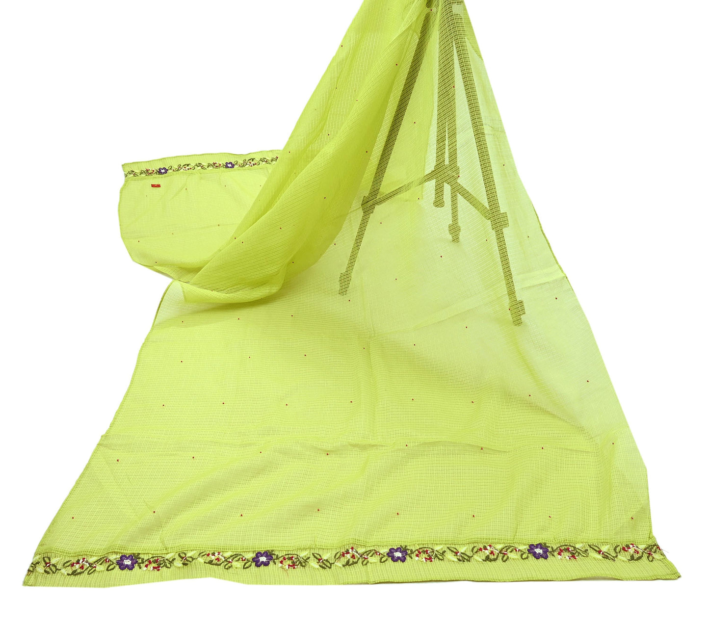Indian Vintage Dupatta Lemon Green Pure silk Long Stole Hand Embroidered Scarves Floral Design Stole Veil Wrap