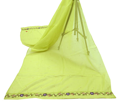 Indian Vintage Dupatta Lemon Green Pure silk Long Stole Hand Embroidered Scarves Floral Design Stole Veil Wrap