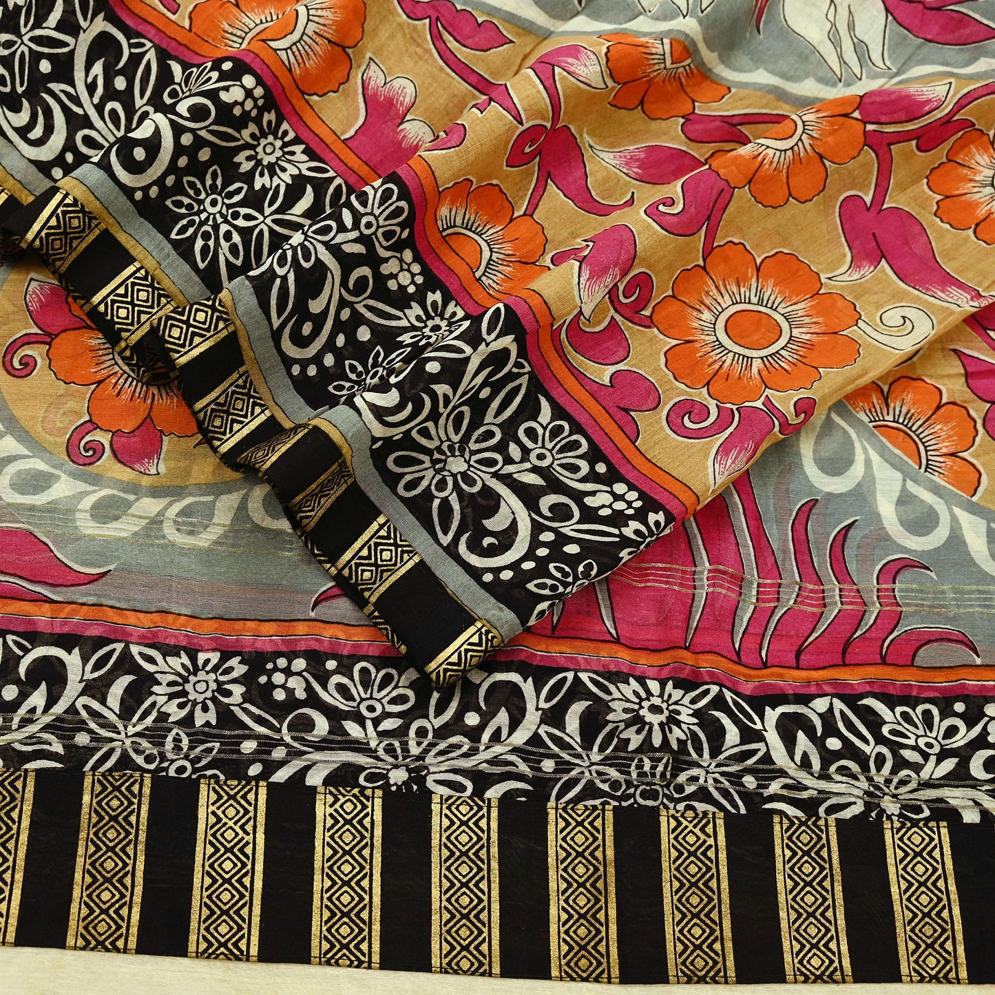 Indian Vintage Dupatta Multi Long Stole Block Print Pure Chanderi Silk Scarves Veil Zari Wrap Hijab