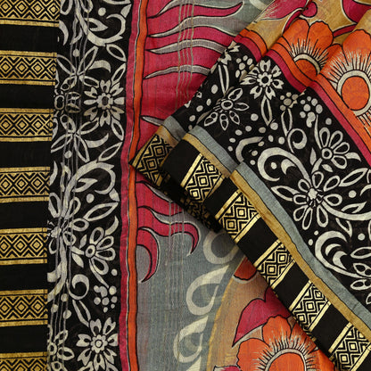 Indian Vintage Dupatta Multi Long Stole Block Print Pure Chanderi Silk Scarves Veil Zari Wrap Hijab