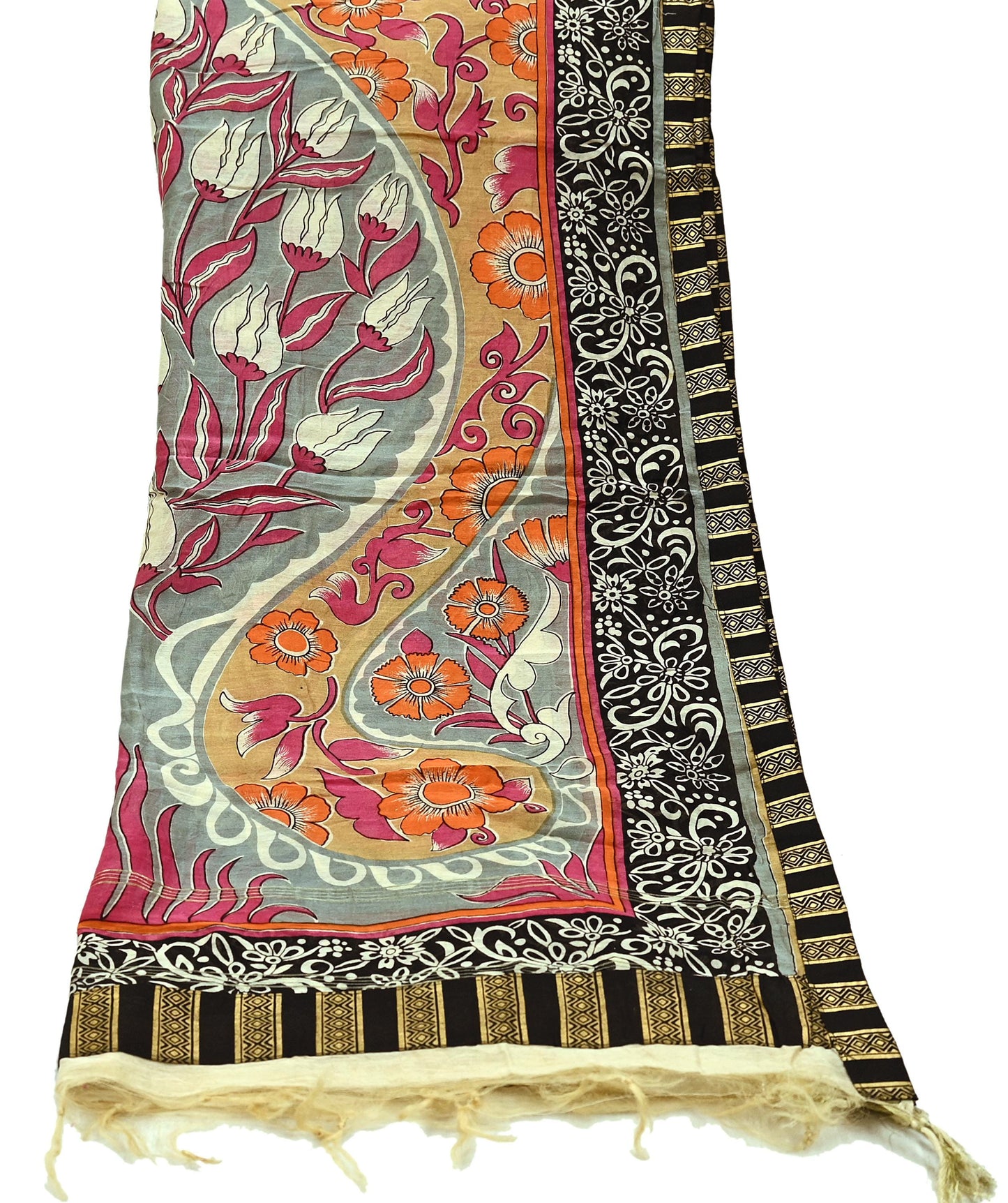 Indian Vintage Dupatta Multi Long Stole Block Print Pure Chanderi Silk Scarves Veil Zari Wrap Hijab