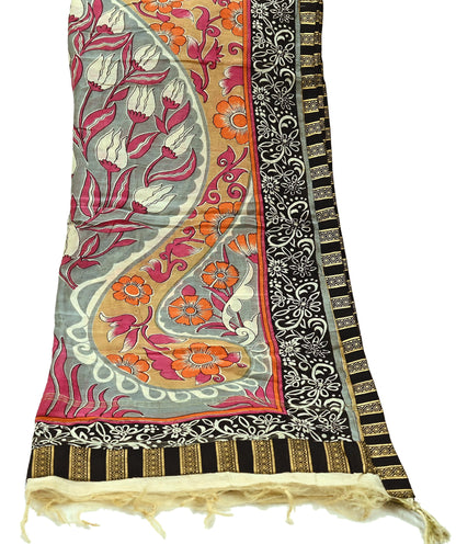 Indian Vintage Dupatta Multi Long Stole Block Print Pure Chanderi Silk Scarves Veil Zari Wrap Hijab