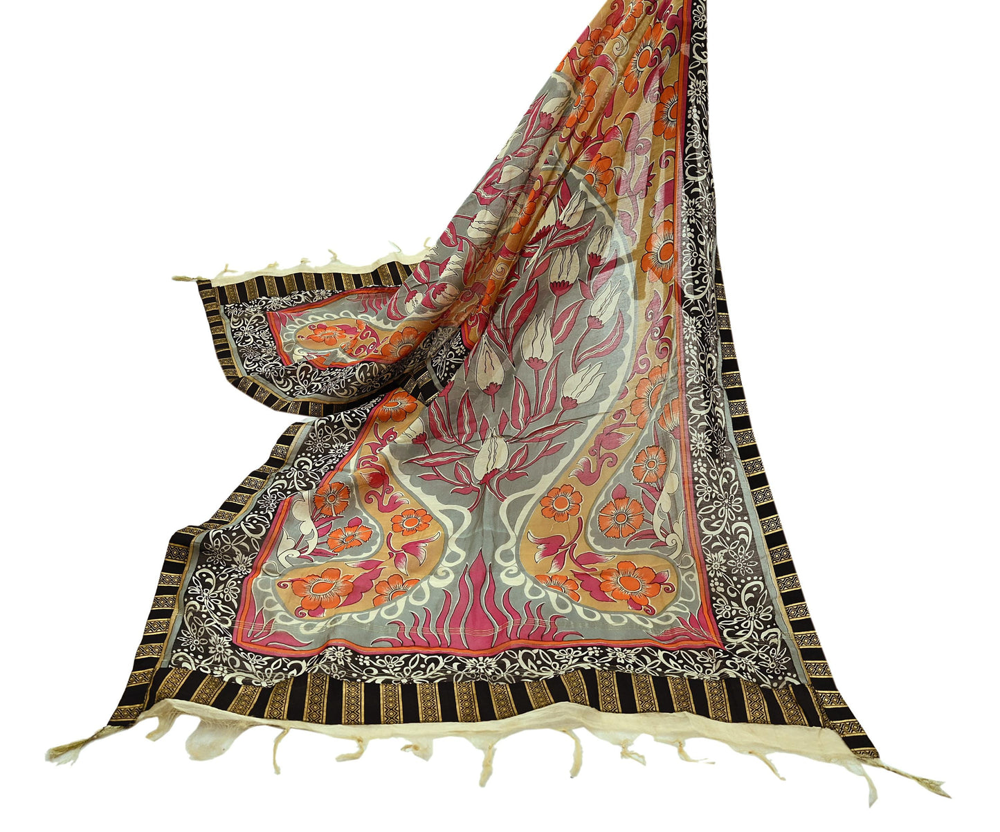 Indian Vintage Dupatta Multi Long Stole Block Print Pure Chanderi Silk Scarves Veil Zari Wrap Hijab