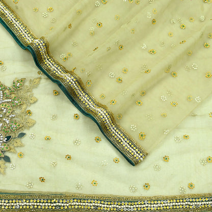 Indian Vintage Heavy Bridal Dupatta Green Net Mesh Long Stole Hand Embroidered Scarf Zardozi Zari Sequins Wedding/Party wear hijab veil