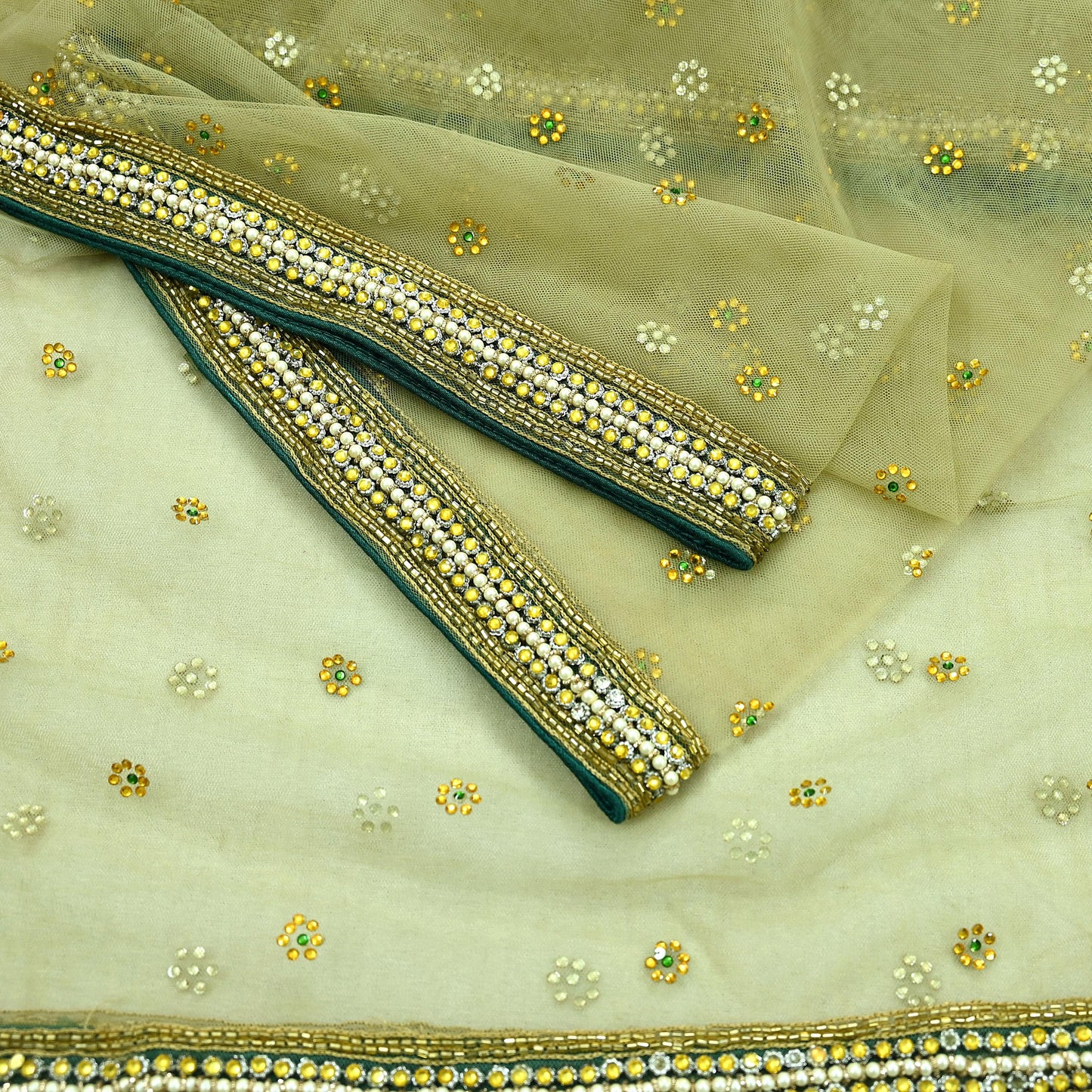 Indian Vintage Heavy Bridal Dupatta Green Net Mesh Long Stole Hand Embroidered Scarf Zardozi Zari Sequins Wedding/Party wear hijab veil