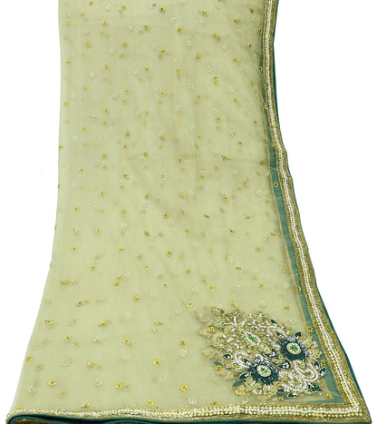 Indian Vintage Heavy Bridal Dupatta Green Net Mesh Long Stole Hand Embroidered Scarf Zardozi Zari Sequins Wedding/Party wear hijab veil