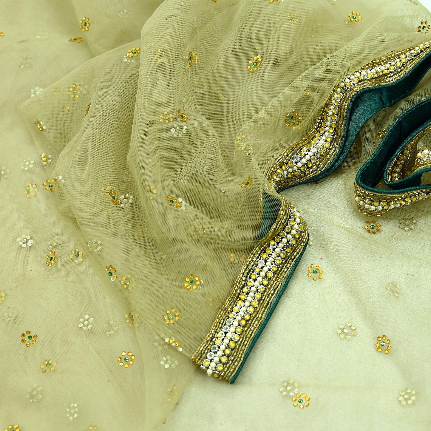 Indian Vintage Heavy Bridal Dupatta Green Net Mesh Long Stole Hand Embroidered Scarf Zardozi Zari Sequins Wedding/Party wear hijab veil