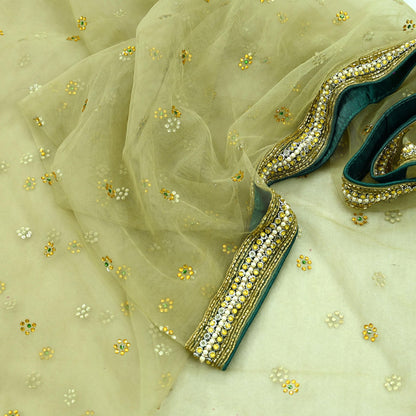 Indian Vintage Heavy Bridal Dupatta Green Net Mesh Long Stole Hand Embroidered Scarf Zardozi Zari Sequins Wedding/Party wear hijab veil