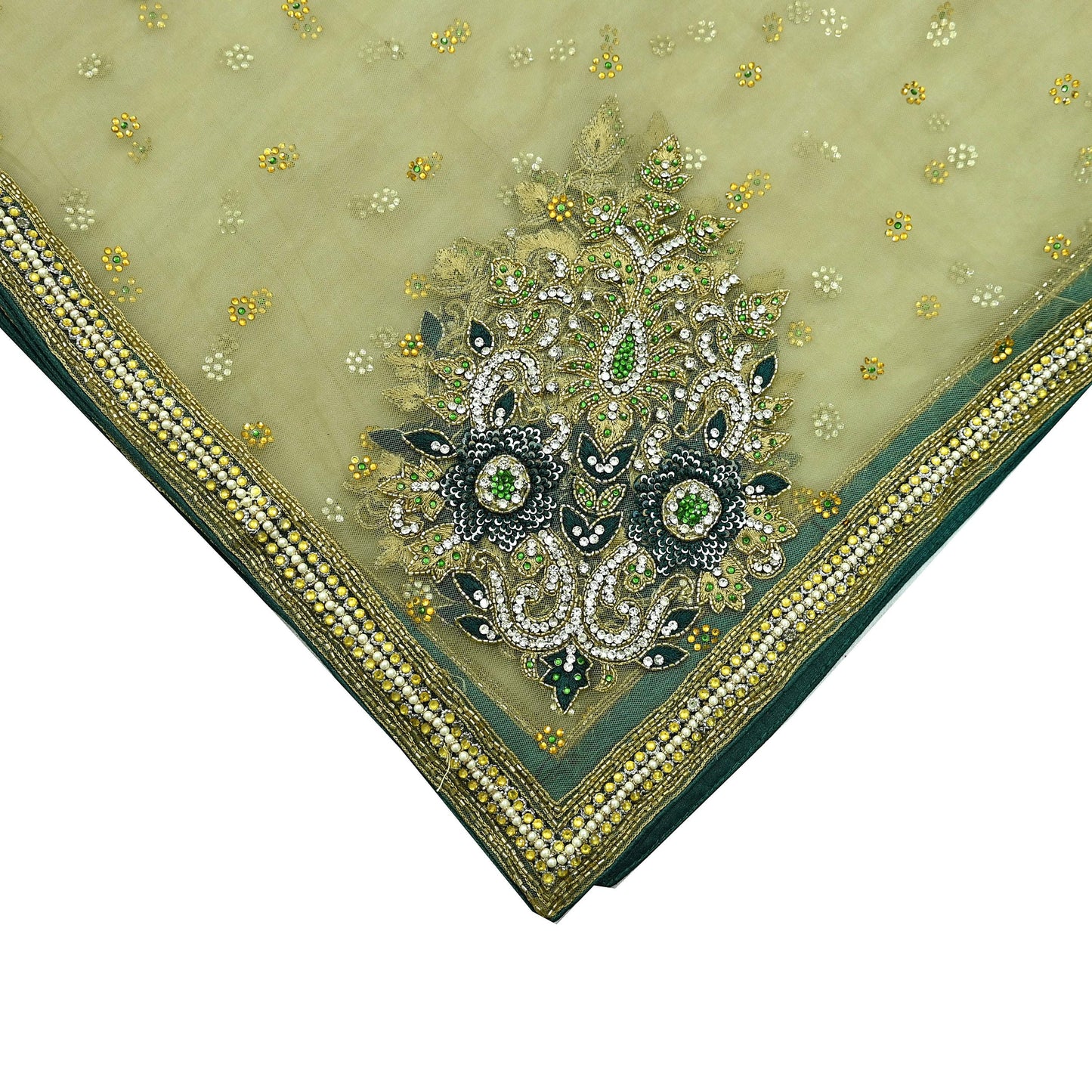 Indian Vintage Heavy Bridal Dupatta Green Net Mesh Long Stole Hand Embroidered Scarf Zardozi Zari Sequins Wedding/Party wear hijab veil