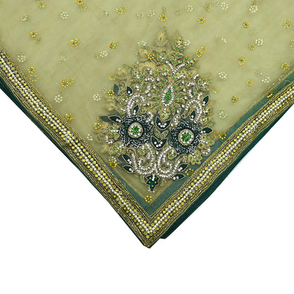 Indian Vintage Heavy Bridal Dupatta Green Net Mesh Long Stole Hand Embroidered Scarf Zardozi Zari Sequins Wedding/Party wear hijab veil