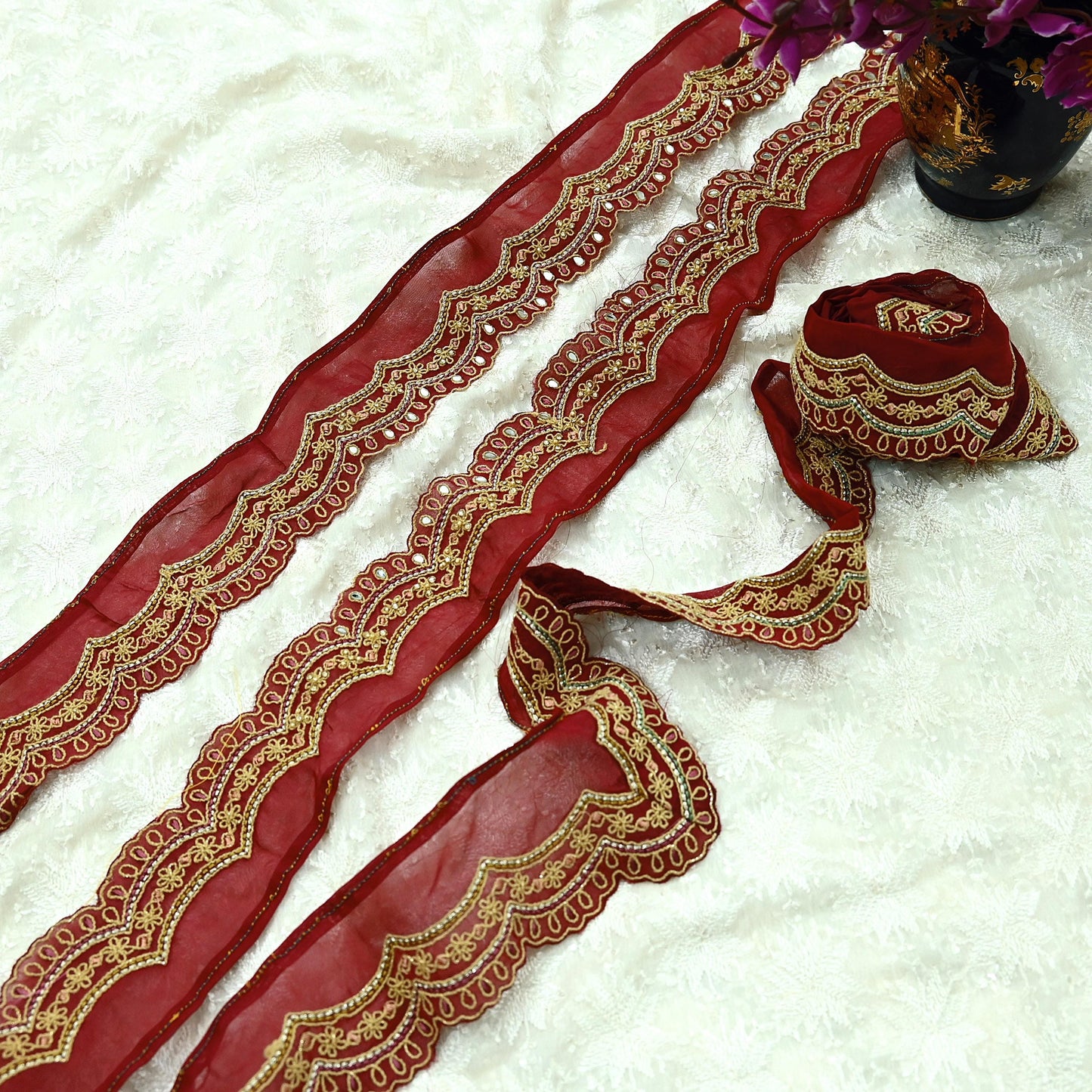 Indian Vintage Pink Sari Border Hand Embroidered Craft Trim Lace Sewing Pure Georgette Silk Ribbon Recycled Zari