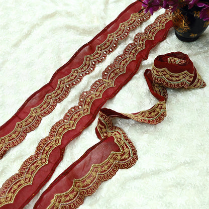 Indian Vintage Pink Sari Border Hand Embroidered Craft Trim Lace Sewing Pure Georgette Silk Ribbon Recycled Zari