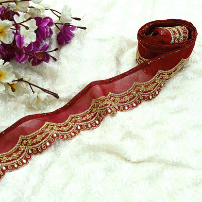 Indian Vintage Pink Sari Border Hand Embroidered Craft Trim Lace Sewing Pure Georgette Silk Ribbon Recycled Zari