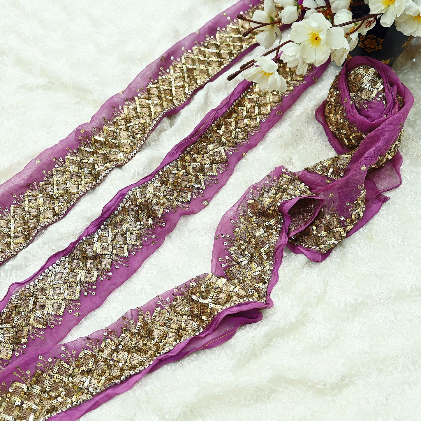 Indian Vintage Purple Sari Border Pure Chiffon Silk Hand Embroidered 1yd Craft Trim Lace Sewing Sari Ribbon Recycled Dress making Zardozi