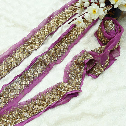 Indian Vintage Purple Sari Border Pure Chiffon Silk Hand Embroidered 1yd Craft Trim Lace Sewing Sari Ribbon Recycled Dress making Zardozi