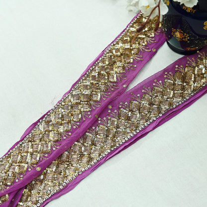 Indian Vintage Purple Sari Border Pure Chiffon Silk Hand Embroidered 1yd Craft Trim Lace Sewing Sari Ribbon Recycled Dress making Zardozi