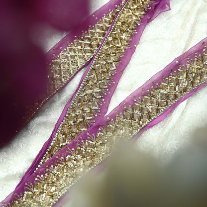 Indian Vintage Purple Sari Border Pure Chiffon Silk Hand Embroidered 1yd Craft Trim Lace Sewing Sari Ribbon Recycled Dress making Zardozi