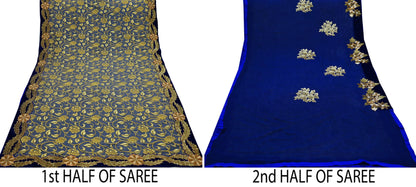 Indian Pre-owned Saree Blue Pure Georgette Silk & Net Hand Embroidered Sabyasachi Designer Sari 6Yd Soft Ethnic Bollywood Party saree
