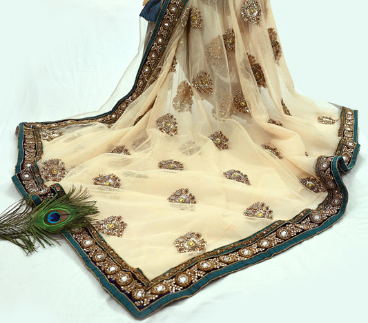 Indian Pre-owned Saree Pale Peach Mesh/Net Hand Embroidered Sabyasachi Designer Sari 6Yd Soft Ethnic Bollywood Party saree
