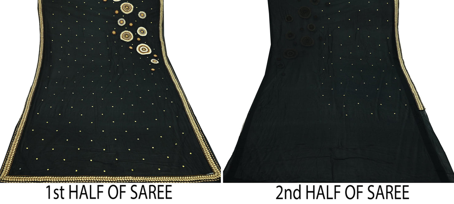 Indian Pre-owned Saree Black Pure Georgette Silk & Net Hand Embroidered Sabyasachi Designer Sari 6Yd Soft Ethnic Bollywood Party saree