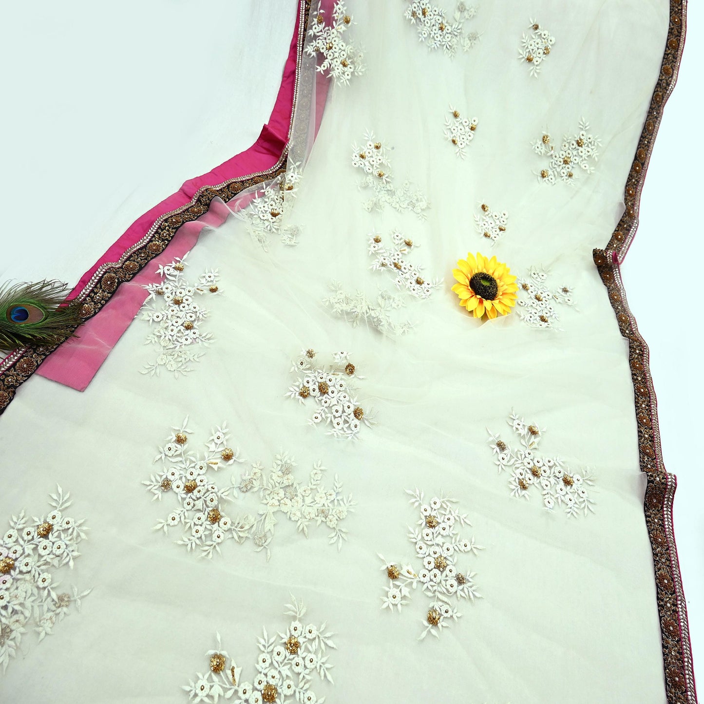 Indian Pre-owned Saree White Mesh/Net Hand Embroidered Sabyasachi Designer Sari 5Yd Soft Ethnic Bollywood Party saree
