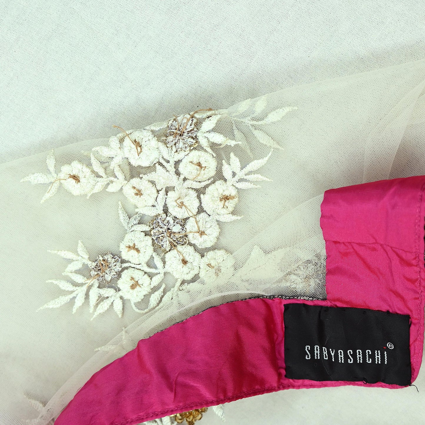Indian Pre-owned Saree White Mesh/Net Hand Embroidered Sabyasachi Designer Sari 5Yd Soft Ethnic Bollywood Party saree