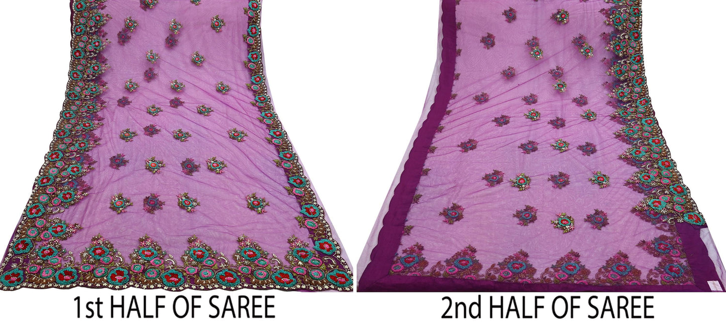 Indian Pre-Owned Sari Purple Net/Mesh Hand Embroidered Designer Manish Malhotra Sarees 6Yd Ethnic Zardozi/Dabka Zari Wedding Saree