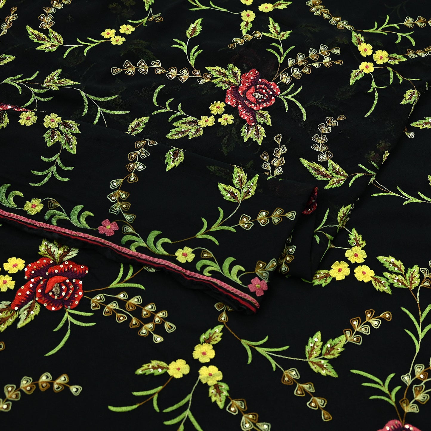 Indian Pre-owned Heavy Sari Black Pure Georgette Silk Hand Embroidered Sarees Designer Abu Jani 6Yd Sewing Ethnic Bollywood Designer Sarees