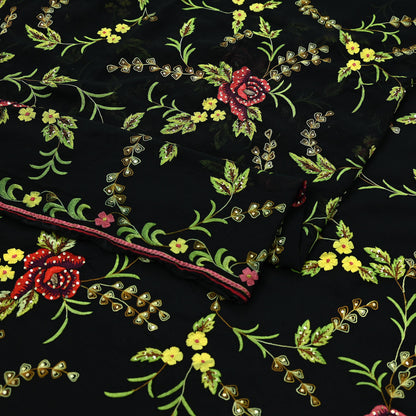 Indian Pre-owned Heavy Sari Black Pure Georgette Silk Hand Embroidered Sarees Designer Abu Jani 6Yd Sewing Ethnic Bollywood Designer Sarees
