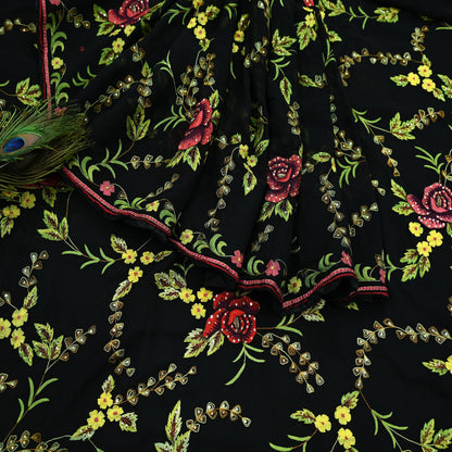 Indian Pre-owned Heavy Sari Black Pure Georgette Silk Hand Embroidered Sarees Designer Abu Jani 6Yd Sewing Ethnic Bollywood Designer Sarees