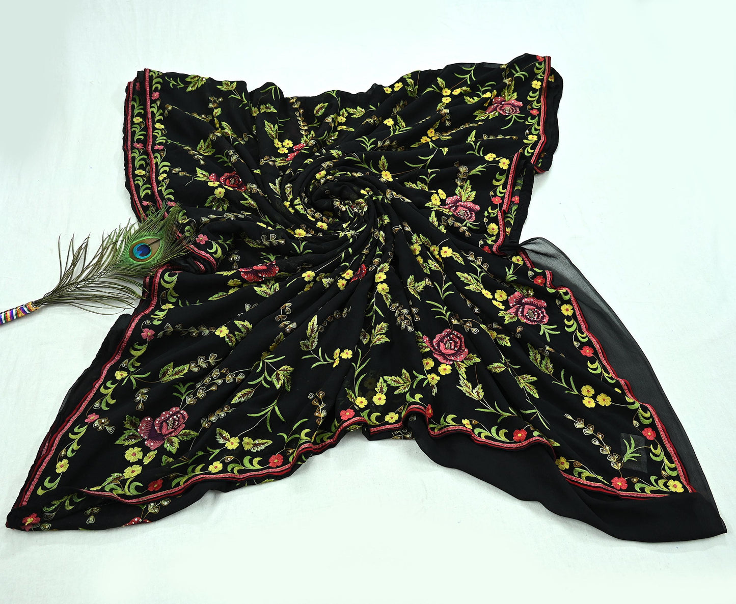 Indian Pre-owned Heavy Sari Black Pure Georgette Silk Hand Embroidered Sarees Designer Abu Jani 6Yd Sewing Ethnic Bollywood Designer Sarees