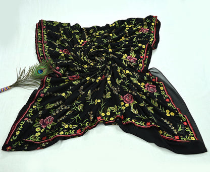 Indian Pre-owned Heavy Sari Black Pure Georgette Silk Hand Embroidered Sarees Designer Abu Jani 6Yd Sewing Ethnic Bollywood Designer Sarees
