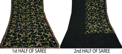 Indian Pre-owned Heavy Sari Black Pure Georgette Silk Hand Embroidered Sarees Designer Abu Jani 6Yd Sewing Ethnic Bollywood Designer Sarees