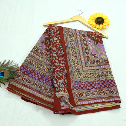Indian Pre-Owned Sari Brown Pure Crepe Silk Pre-owned Hand Embroidered Ritu Kumar Designer Sarees Fabric 5Yd Ethnic Bollywood Party sari
