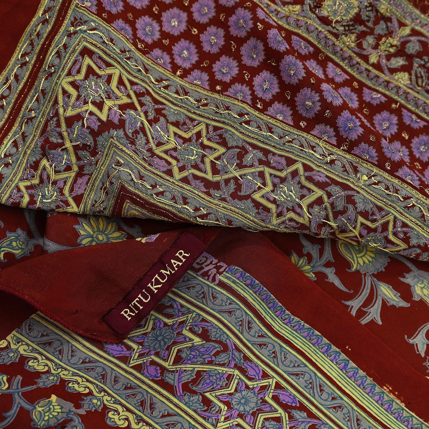 Indian Pre-Owned Sari Brown Pure Crepe Silk Pre-owned Hand Embroidered Ritu Kumar Designer Sarees Fabric 5Yd Ethnic Bollywood Party sari