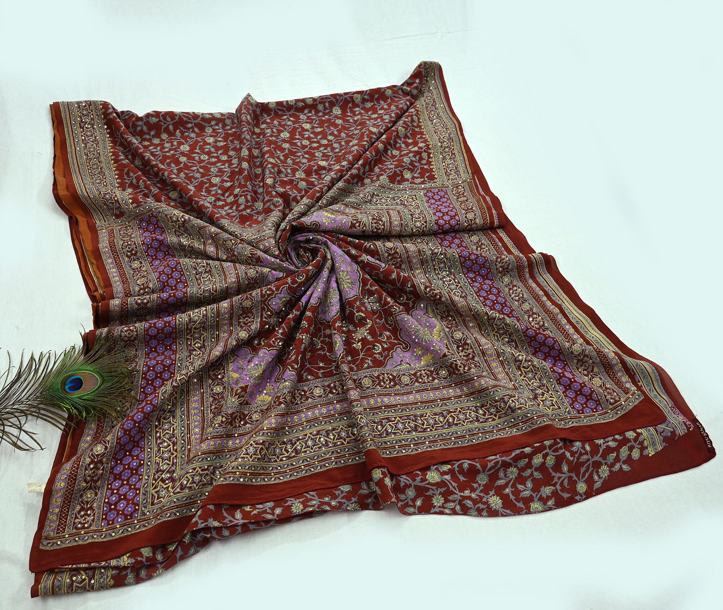 Indian Pre-Owned Sari Brown Pure Crepe Silk Pre-owned Hand Embroidered Ritu Kumar Designer Sarees Fabric 5Yd Ethnic Bollywood Party sari