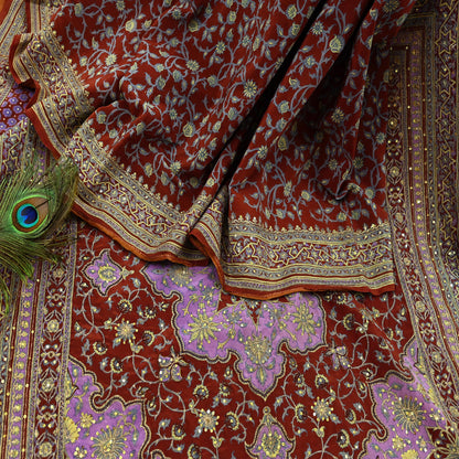 Indian Pre-Owned Sari Brown Pure Crepe Silk Pre-owned Hand Embroidered Ritu Kumar Designer Sarees Fabric 5Yd Ethnic Bollywood Party sari